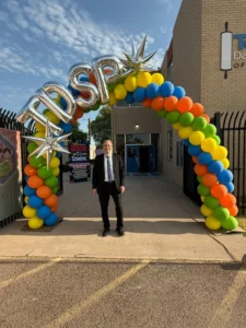 balloon arch with text