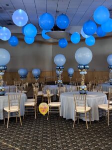 bat mitvah centerpiece, 3 foot balloons over a dance floor