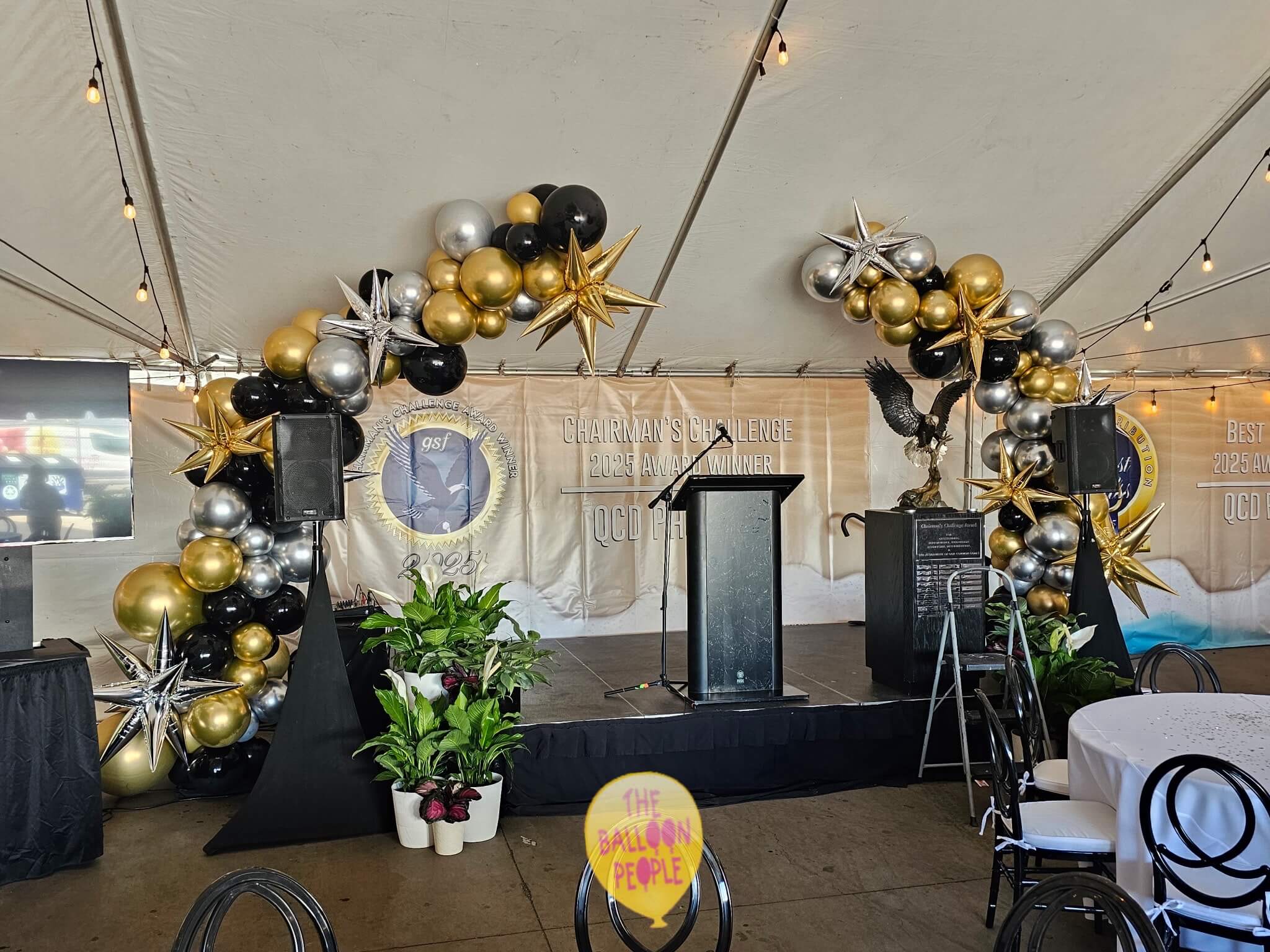 Balloon garland in tent, tent decor, outdoor decor sprayed to shine