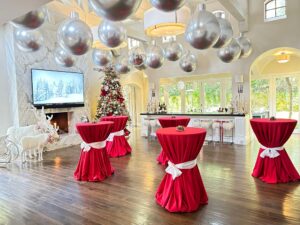 large Balloon Christmas ornaments provide elegant decor for a cocktail party
