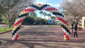 reverse spiral Balloon Arches on a walkway in phoenix